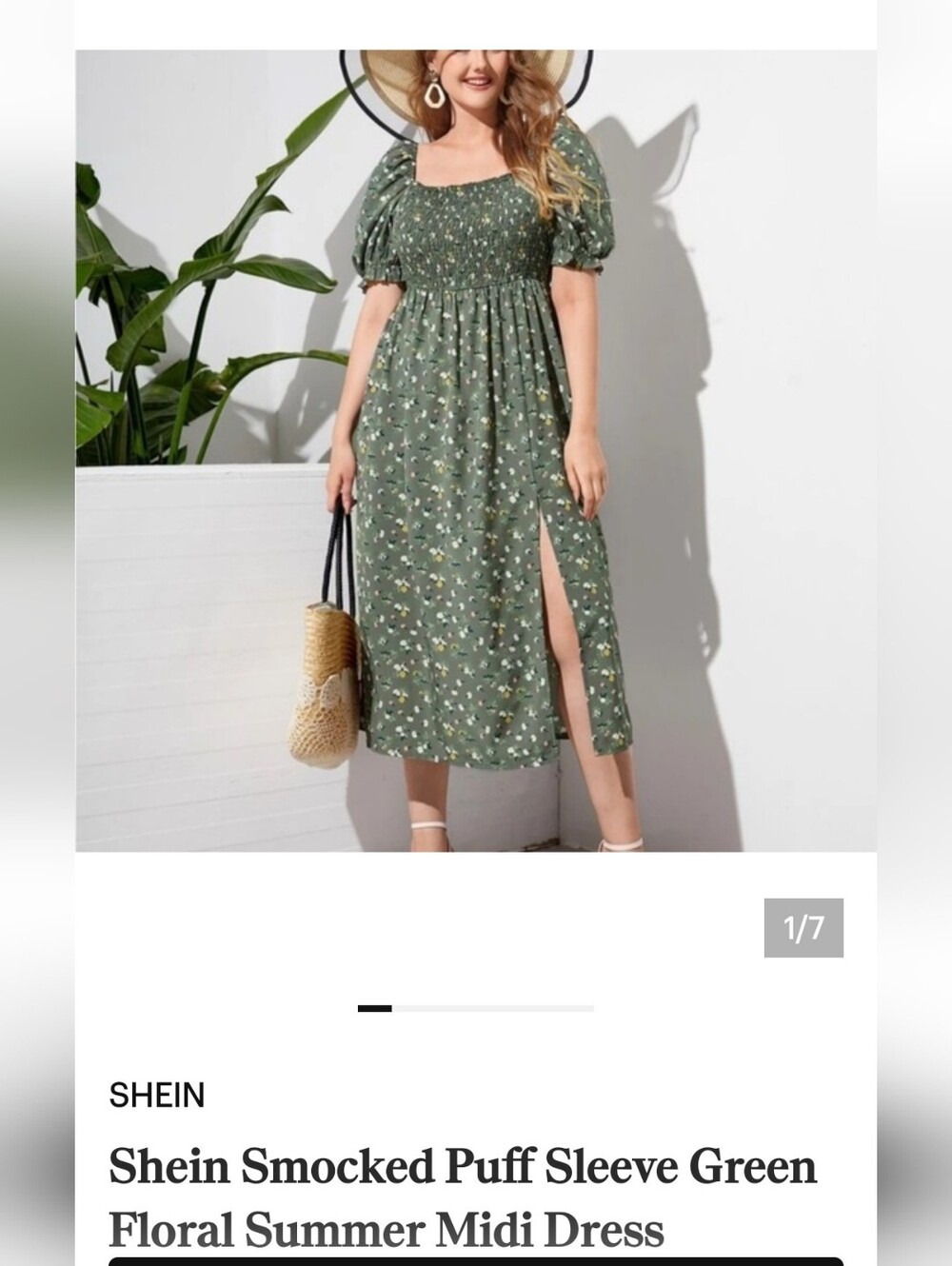 Shein Smocked Puff Sleeve Green Floral Summer Midi Dress